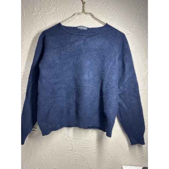 Lands' End 100% Cashmere Sweater Navy Blue Crewneck Fuzzy Size Approx Medium - Picture 1 of 5